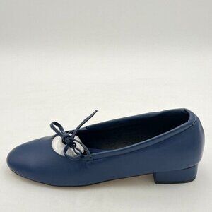 FOWT Navy Vintage Round Toe Ballet Flats Bow Tie Low Block Heels Slip On Pumps